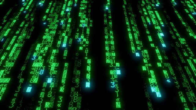 Sci-Fi Display of Code Cascading Downwards. Green Data Visualization Background. Seamless Loop.