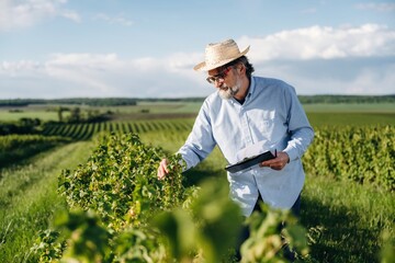 Fototapeta premium Senior man with glasses wearing a straw hat inspects grapevines in a vineyard during daytime, lush green fields and blue sky visible in the background