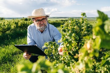 Fototapeta premium Senior male farmer in straw hat examines grapevine leaves while holding a clipboard in a lush vineyard under a bright sky with scattered clouds
