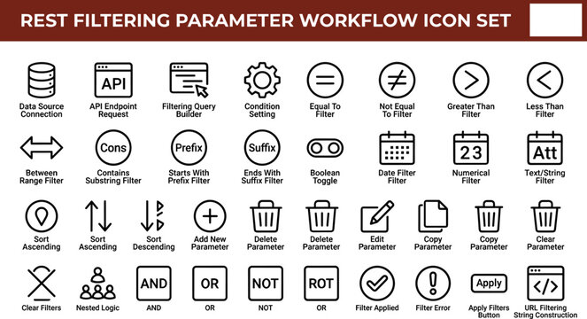 Flat REST filtering parameter workflow icon set with API request handling, query building, condition logic, filter application, and vector graphics