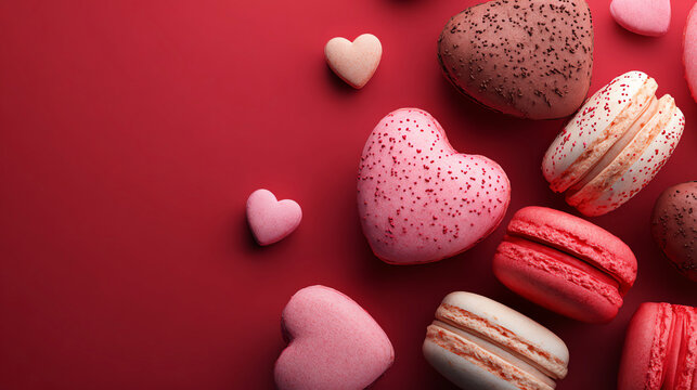 Sweet heart-shaped macaroons on red background. Valentine's Day celebration
