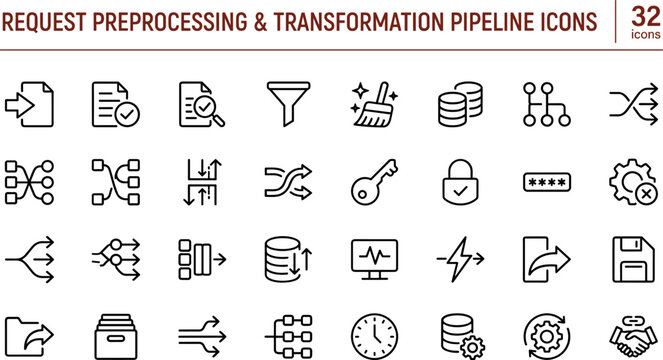 Flat request preprocessing and transformation pipeline icon set with data cleaning, feature engineering, normalization, validation, and vector graphics