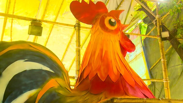 Traditional Rooster Sculpture Display at Bengali New Year Festival Cultural Symbol of Bangladesh Heritage Celebration