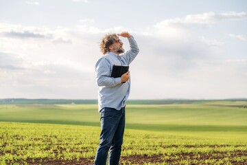 Man with curly hair holding a tablet stands in a green field, looking into the distance under a partly cloudy sky with rolling hills in the background © standret