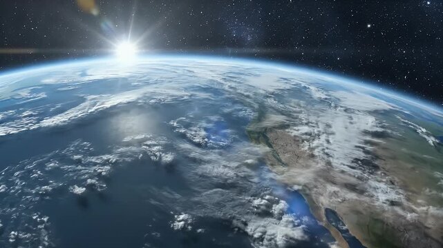 The sun rises over planet Earth, seen from space, with stars above