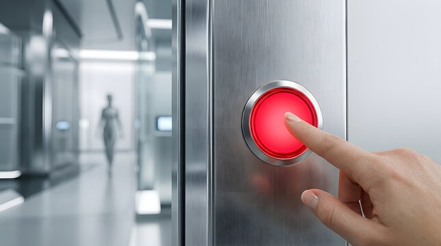 Close up of finger pressing bright red emergency button in modern sterile indoor hallway.