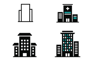 Obraz premium Set of stylized building icons representing modern architecture offices and high rise structures isolated on transparent background for urban development themes