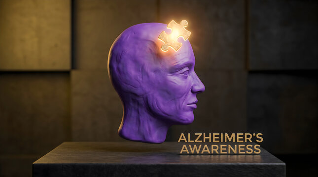 Human brain sculpture with glowing light symbolizing memory loss awareness on dark background