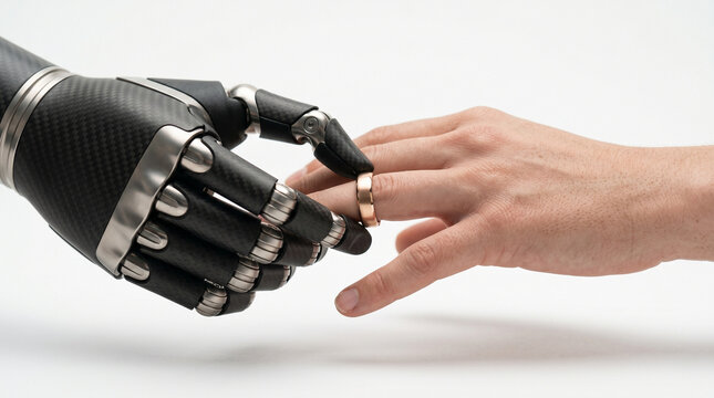 Ringtausch Bionik Bionisch Biorobotik Bionics Trauung Biorobotics Hände Biomechanisch Hochzeit. Bionische Hand steckt menschlicher Hand einen Ehering an.