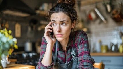 Fototapeta premium Concerned Woman on the Phone in a Cozy Kitchen Setting