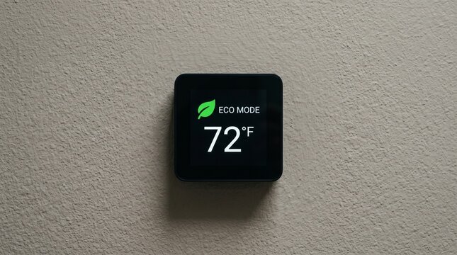 Smart thermostat displaying eco mode mounted on a textured beige wall.