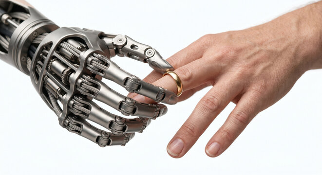 Ringtausch Bionik Bionisch Biorobotik Bionics Trauung Biorobotics Hände Biomechanisch Hochzeit. Bionische Hand steckt menschlicher Hand einen Ehering an.