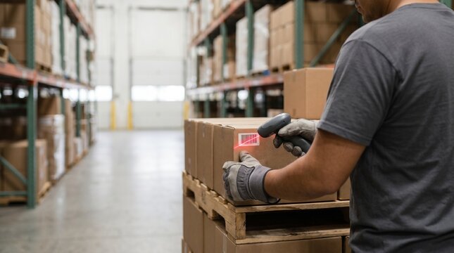 Logistics worker scanning barcode on package in industrial warehouse facility.