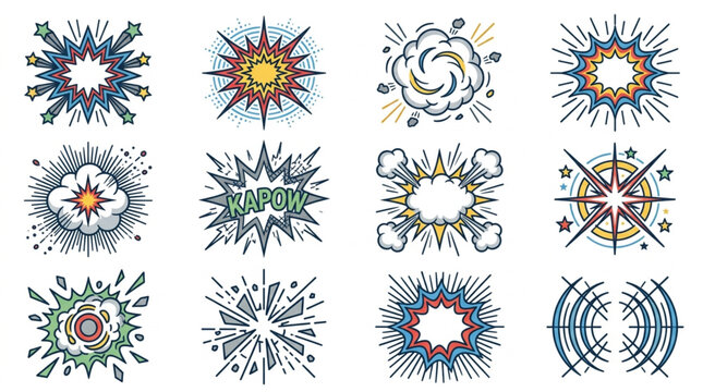 Collection of comic book explosion and action sound effect graphics.