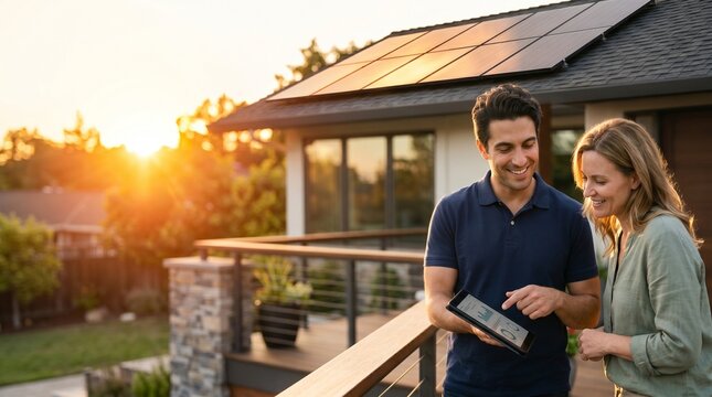Couple checking energy usage on tablet at sustainable home with solar panels.