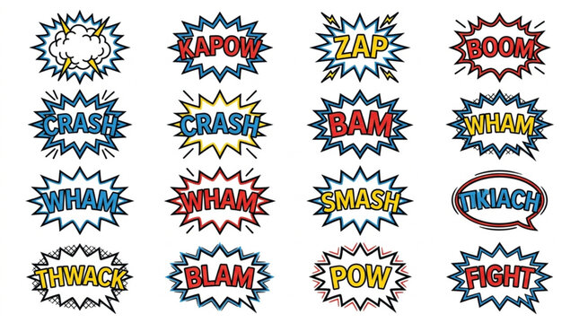 Collection of comic book sound effect words in starburst shapes.