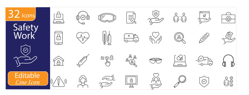 Safety Work icons set. Includes protective equipment, workplace safety, warning signs, first aid, risk prevention, and safety compliance sym Line icons.
