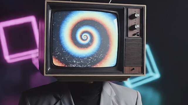 Person with retro TV head and hypnotic spiral screen, set against neon cubes