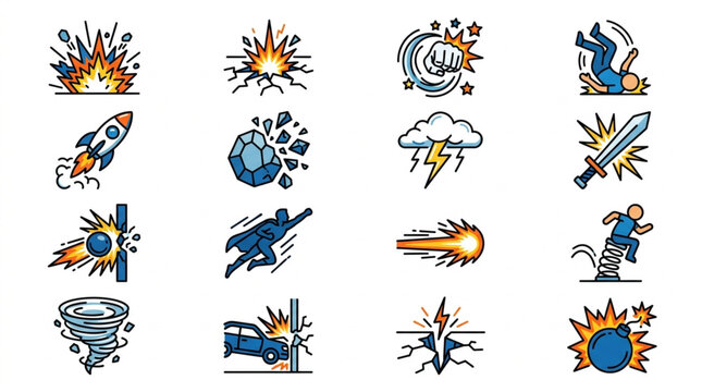 Collection of comic book style action and explosion icons.