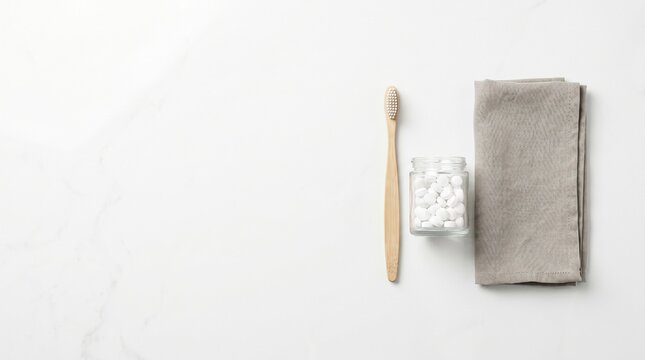 Bamboo toothbrush with eco friendly toothpaste tablets on white marble.