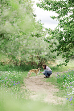 Woman crouching to greet a dog on a nature path
