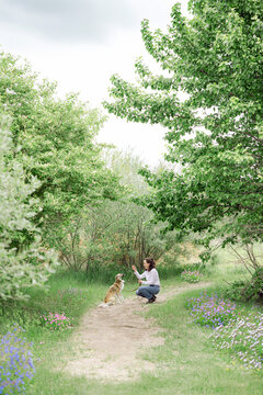 Woman training her dog on a green nature path