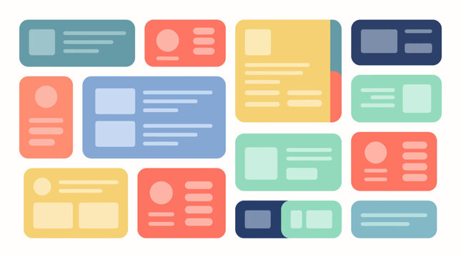 Dynamic array of colorful, flat-design user interface cards and data blocks, representing responsive web layouts and application design components