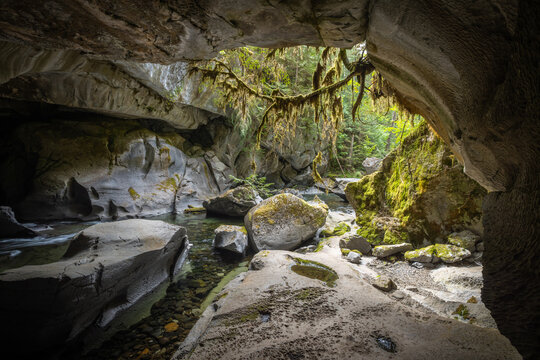 Mossy River Cave With Sunlit Boulders and Forest View