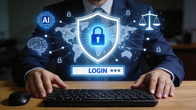 Cybersecurity concept with digital shield lock login screen ai brain and world map protecting global network security system