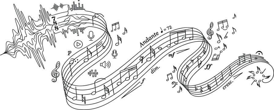 Abstract Wavy Music Staff with Floating Notation Signs, Microphone Icons, and Audio Soundwave in Black Line Art