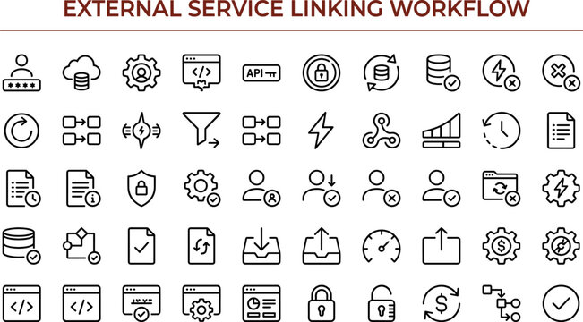 Flat external service linking workflow icon set with API integration, authentication, data sync, cloud service, and vector management graphics