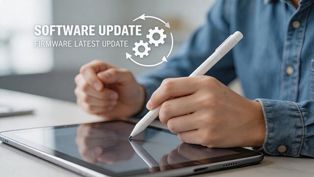 Software update firmware latest update concept, person using digital tablet and stylus pen for modern technology workflow in office environment.