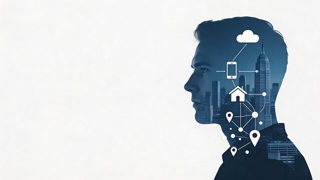 Smart city technology concept with silhouette of man head profile, urban skyline background featuring cloud computing and mobile connectivity icons.