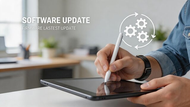 Person updating software firmware on digital tablet, system maintenance process, installing latest version patches for mobile application performance optimization