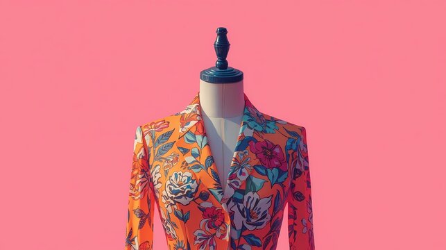 Vibrant floral clothing on a mannequin against a bright pink background at a fashion display during daytime Generative AI