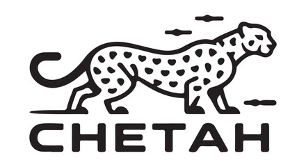 Fototapeta premium Minimalist black line art spotted cheetah logo with typography text, crawling wild cat vector icon illustration