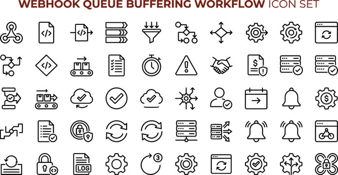 Flat webhook queue buffering workflow icon set with data processing, server management, cloud synchronization, task monitoring, and vector graphics