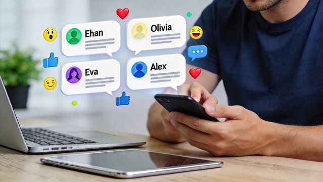 Social media notifications on smartphone, user engagement concept, messaging app interface, likes and hearts icons, online communication, digital connection, mobile technology in