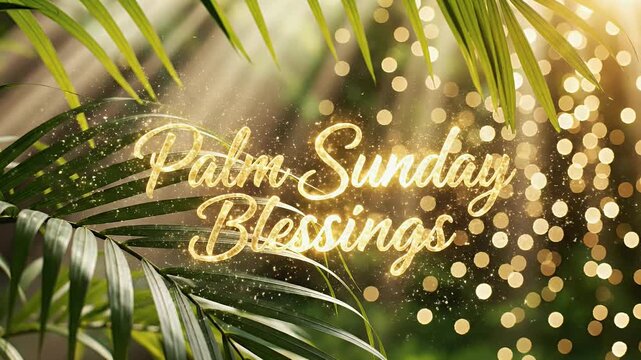 Golden script text "Palm Sunday Blessings" shimmers amongst lush green palm fronds and bokeh lights