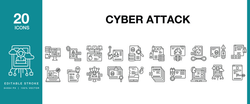 Cyber Attack icon set. Includes cyberattack, hacking, malware, ransomware, phishing, cybersecurity and More. Editable Stroke Icon Collection.