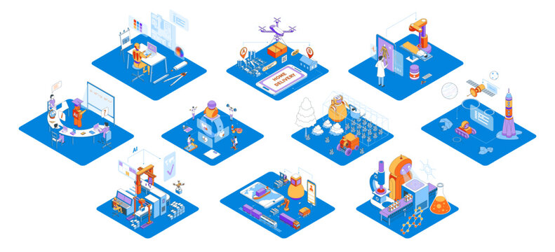 Cartoon Color Different Types Spheres Isolated Set Robots and Automations Concept Spheres 3d Isometric View. Vector illustration