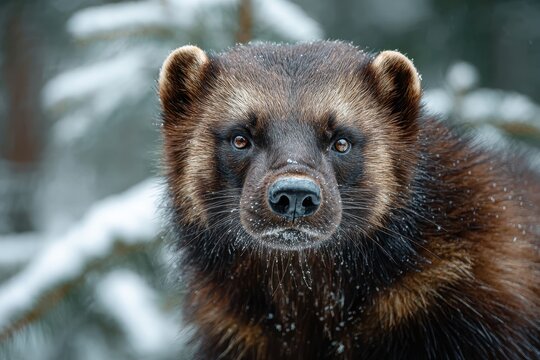 Close-up portrait of a wolverine in a snowy forest setting