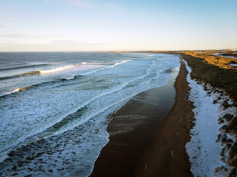 Winter aerial view of Fraserburgh beach, Scotland