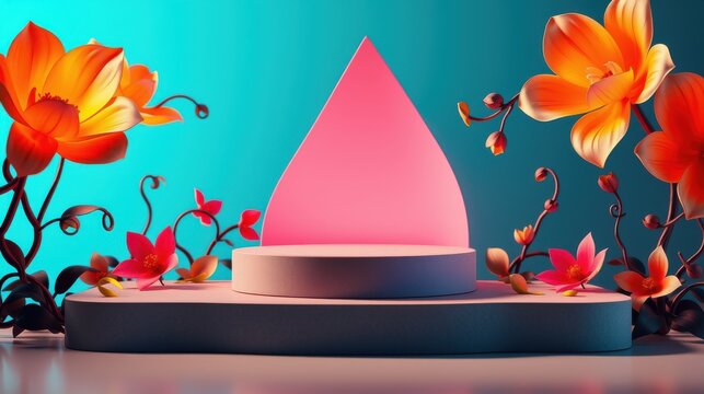 Abstract pink shape rests upon circular platform. Flowers surround pedestal, vibrant colors dominate scene. Dramatic lighting enhances composition.