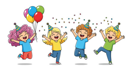 Group of happy children celebrating at a birthday party with balloons and confetti illustration.