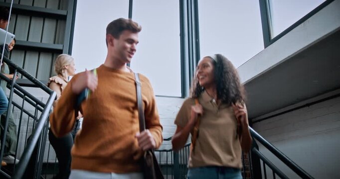 University, walk or friends on steps with bonding, friendly chat or planning of group project. Conversation, people or students with stroll, peer connection or team update on college assignment.