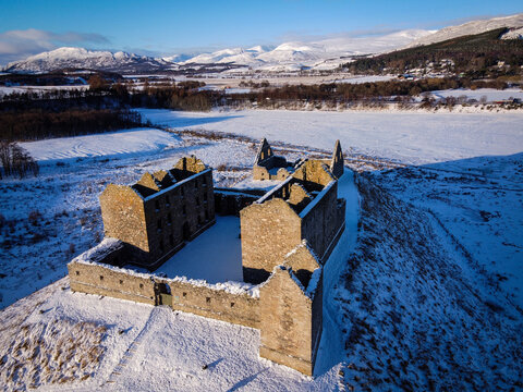 Ruthven Barracks aerial winter view, Kingussie, Scotland