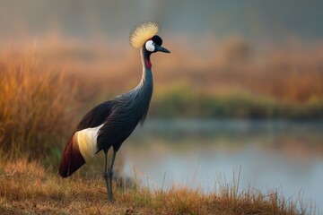 Fototapeta premium Graceful lone crane with glossy plumage in a peaceful marsh scene