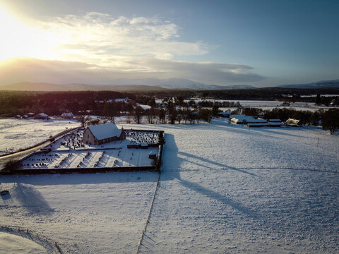 Abernethy Old Kirk aerial winter view, Nethy Bridge, Scotland