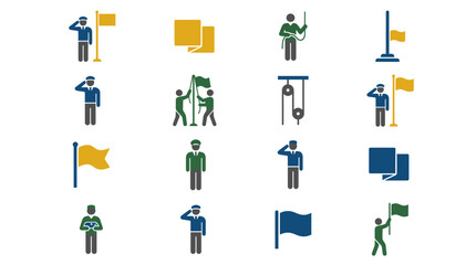 Fototapeta premium Diverse people silhouettes holding flags in various poses and situations.